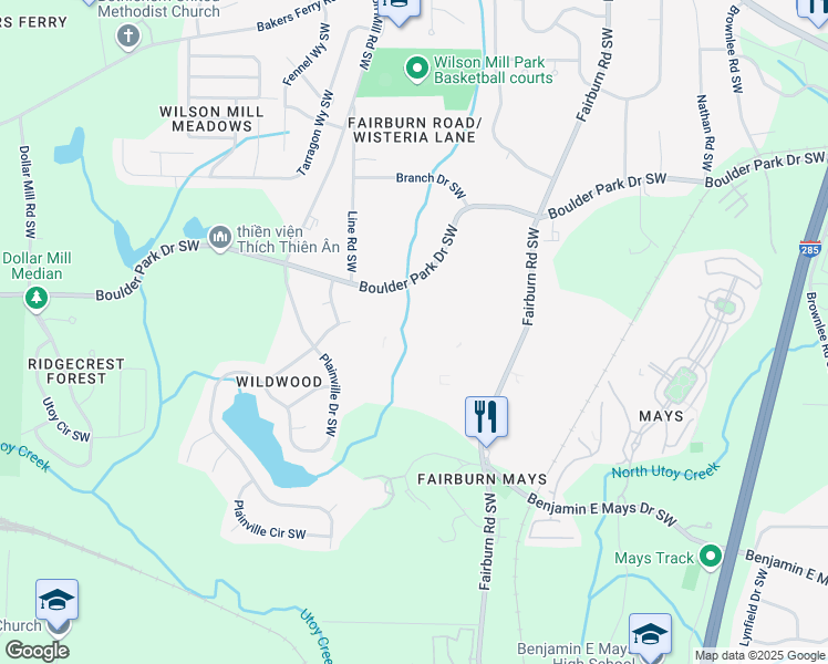 map of restaurants, bars, coffee shops, grocery stores, and more near Wildwood Park in Atlanta