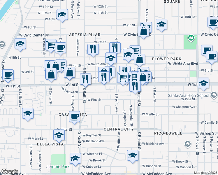 map of restaurants, bars, coffee shops, grocery stores, and more near 1570 West 1st Street in Santa Ana