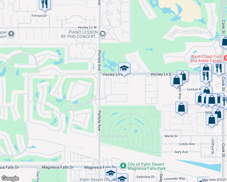 map of restaurants, bars, coffee shops, grocery stores, and more near 41804 Via Treviso in Palm Desert