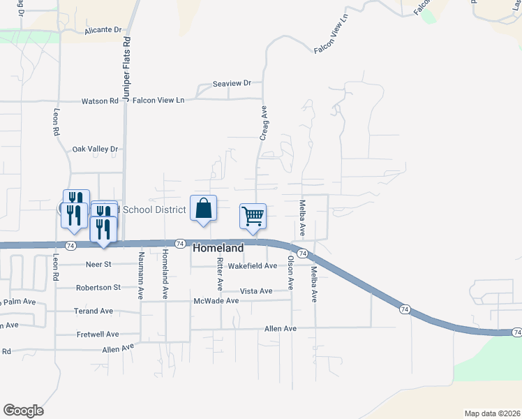 map of restaurants, bars, coffee shops, grocery stores, and more near 25876 Creag Avenue in Homeland