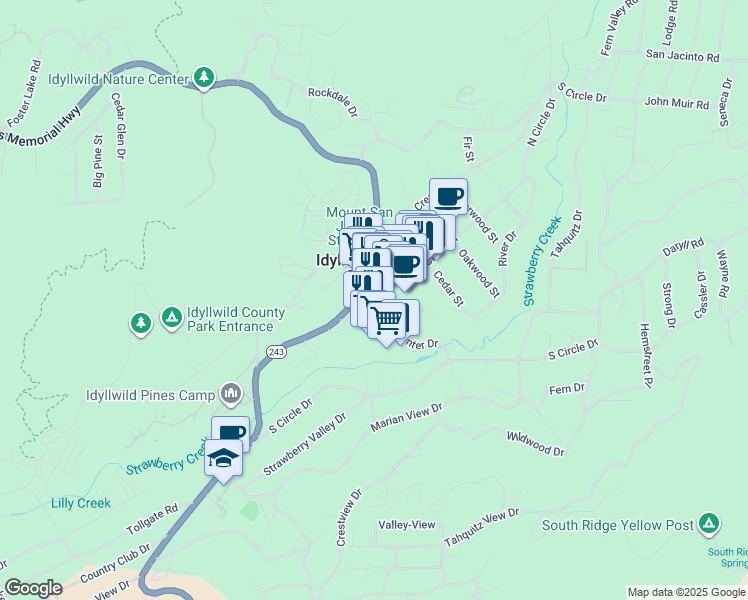 map of restaurants, bars, coffee shops, grocery stores, and more near 54274 North Circle Drive in Idyllwild-Pine Cove