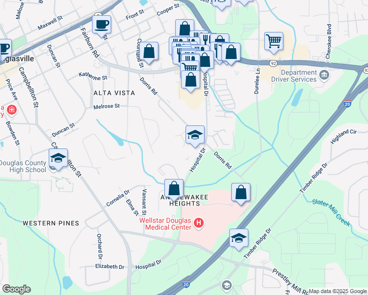 map of restaurants, bars, coffee shops, grocery stores, and more near 8643 Waterford Way in Douglasville