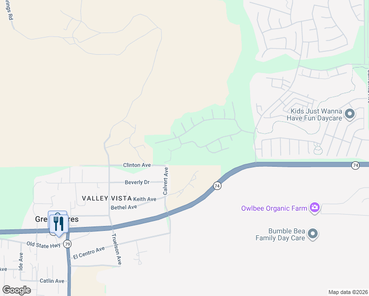 map of restaurants, bars, coffee shops, grocery stores, and more near 128 Lopez Way in Hemet