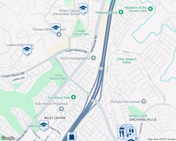 map of restaurants, bars, coffee shops, grocery stores, and more near 11 Bradford in Irvine