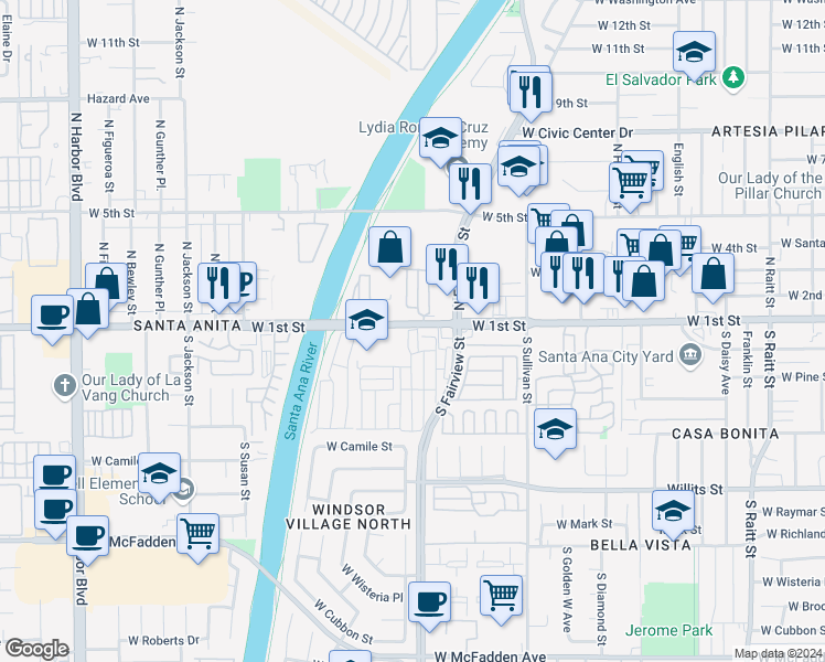 map of restaurants, bars, coffee shops, grocery stores, and more near 1 Vienna Drive in Santa Ana