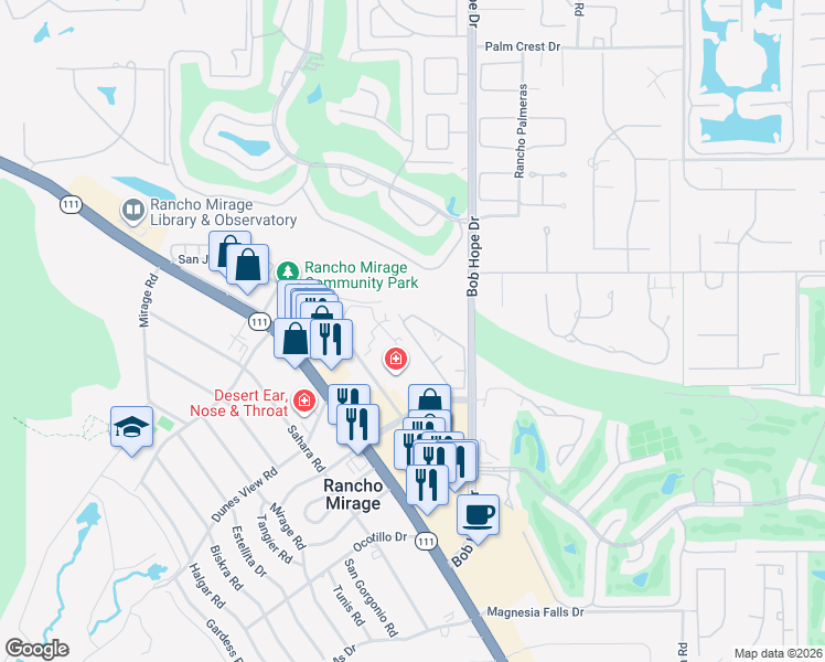 map of restaurants, bars, coffee shops, grocery stores, and more near 71806 Eleanora Lane in Rancho Mirage