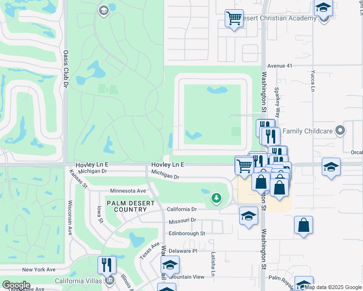 map of restaurants, bars, coffee shops, grocery stores, and more near 41721 Woodhaven Drive West in Palm Desert