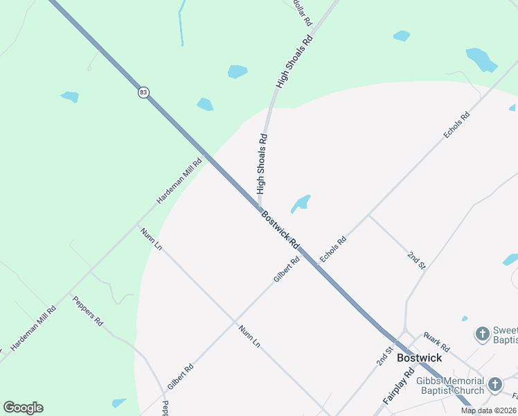 map of restaurants, bars, coffee shops, grocery stores, and more near 6401-6461 Bostwick Road in Bishop