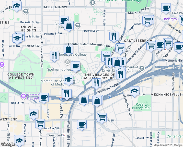 map of restaurants, bars, coffee shops, grocery stores, and more near 350 Spelman Lane Southwest in Atlanta
