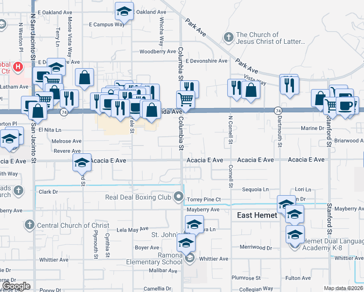 map of restaurants, bars, coffee shops, grocery stores, and more near in Hemet