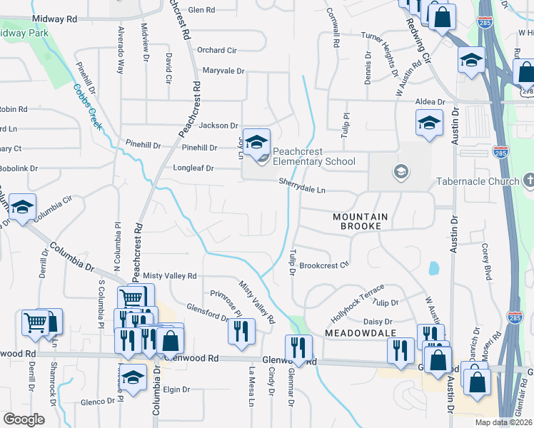map of restaurants, bars, coffee shops, grocery stores, and more near 1607 Sweetgum Hill in Decatur