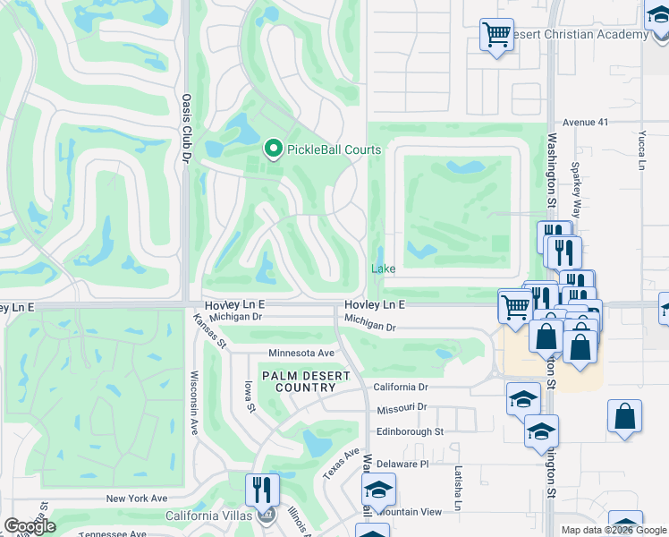 map of restaurants, bars, coffee shops, grocery stores, and more near 41876 Jupiter Hills Court in Palm Desert