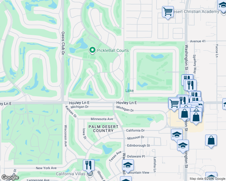 map of restaurants, bars, coffee shops, grocery stores, and more near 41876 Jupiter Hills Court in Palm Desert
