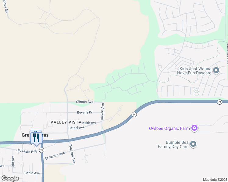 map of restaurants, bars, coffee shops, grocery stores, and more near 128 Lopez Way in Hemet