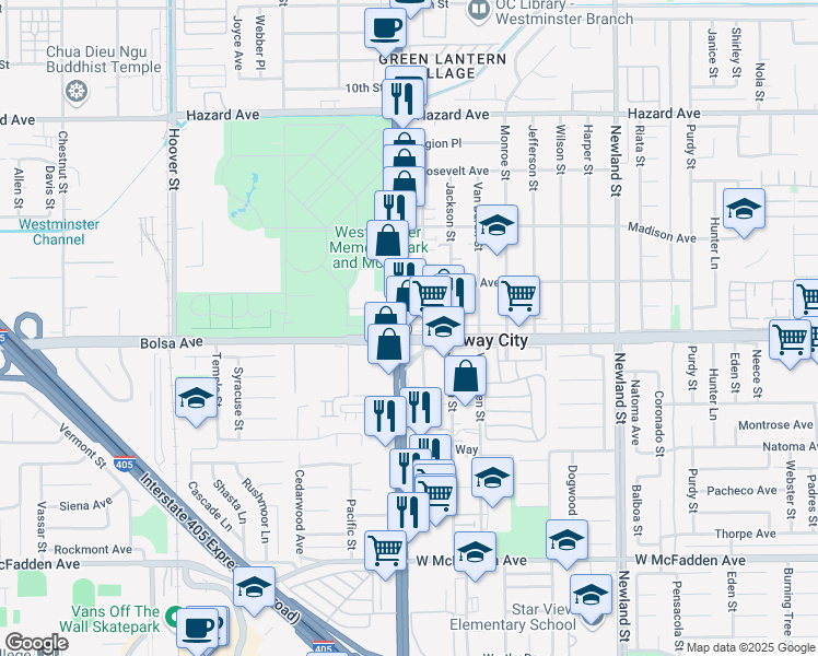 map of restaurants, bars, coffee shops, grocery stores, and more near 14972 Beach Boulevard in Westminster