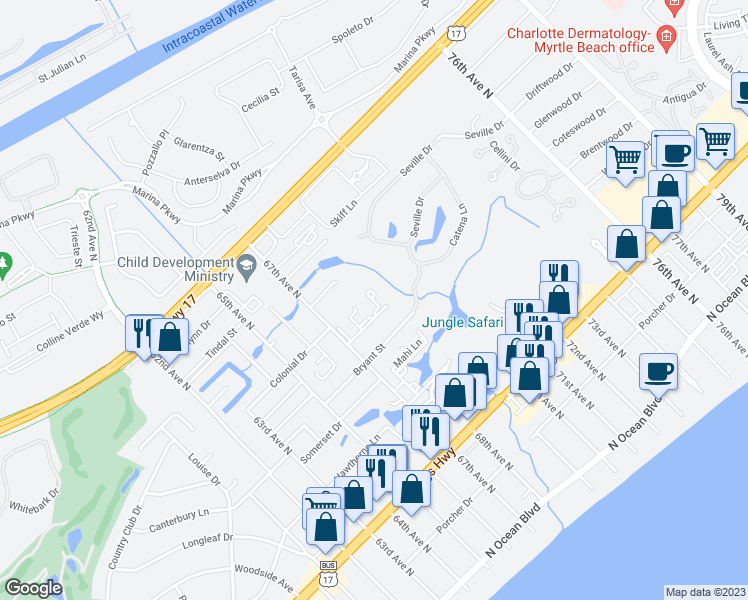 map of restaurants, bars, coffee shops, grocery stores, and more near 6715A Jefferson Place in Myrtle Beach