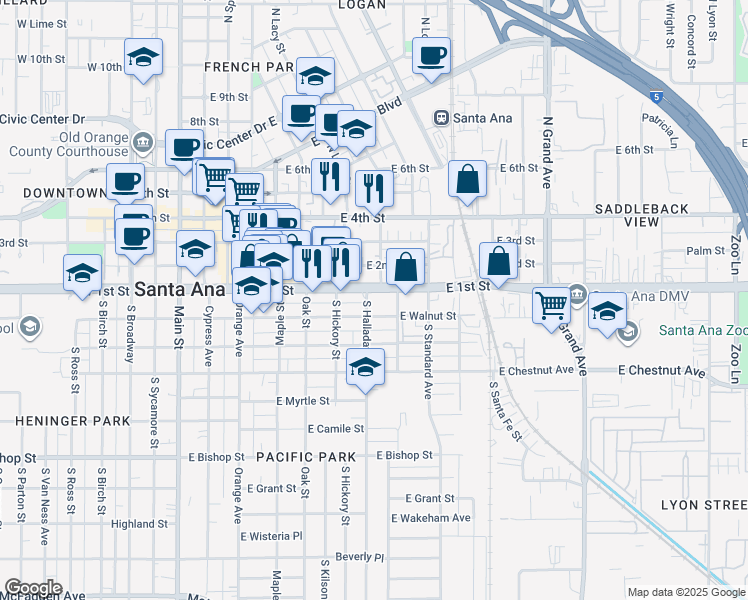 map of restaurants, bars, coffee shops, grocery stores, and more near 827 East First Street in Santa Ana