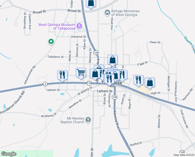 map of restaurants, bars, coffee shops, grocery stores, and more near 51 Lyon Street in Tallapoosa