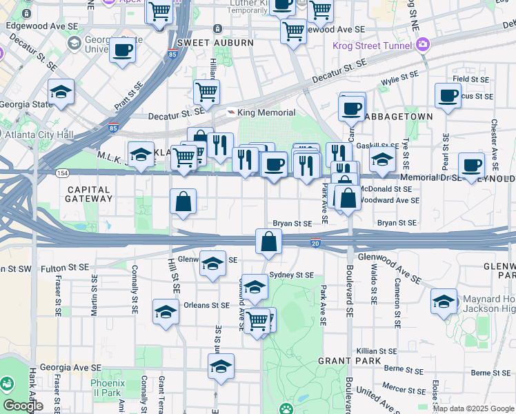 map of restaurants, bars, coffee shops, grocery stores, and more near 351 Cherokee Avenue Southeast in Atlanta