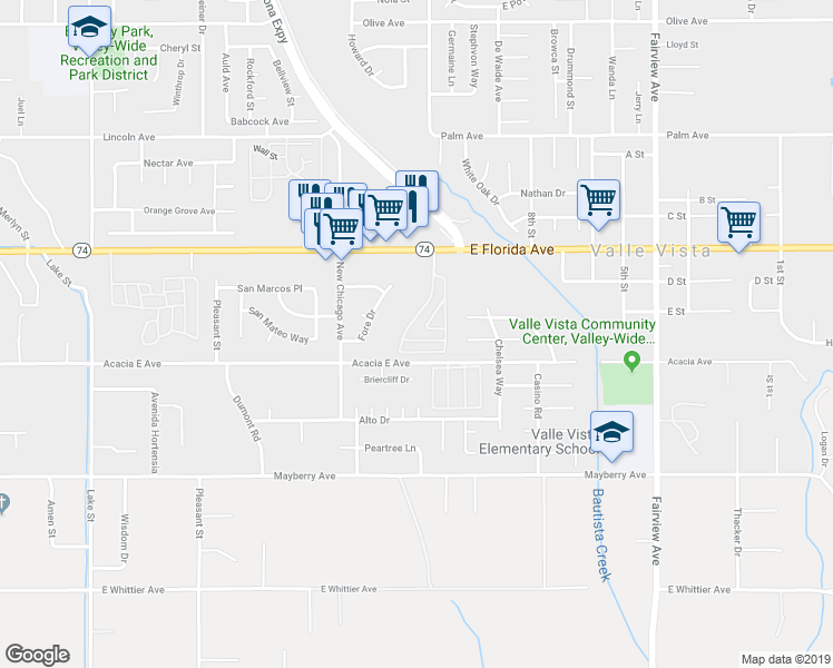 map of restaurants, bars, coffee shops, grocery stores, and more near 43601 California 74 in Hemet