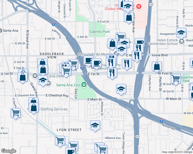 map of restaurants, bars, coffee shops, grocery stores, and more near in Santa Ana