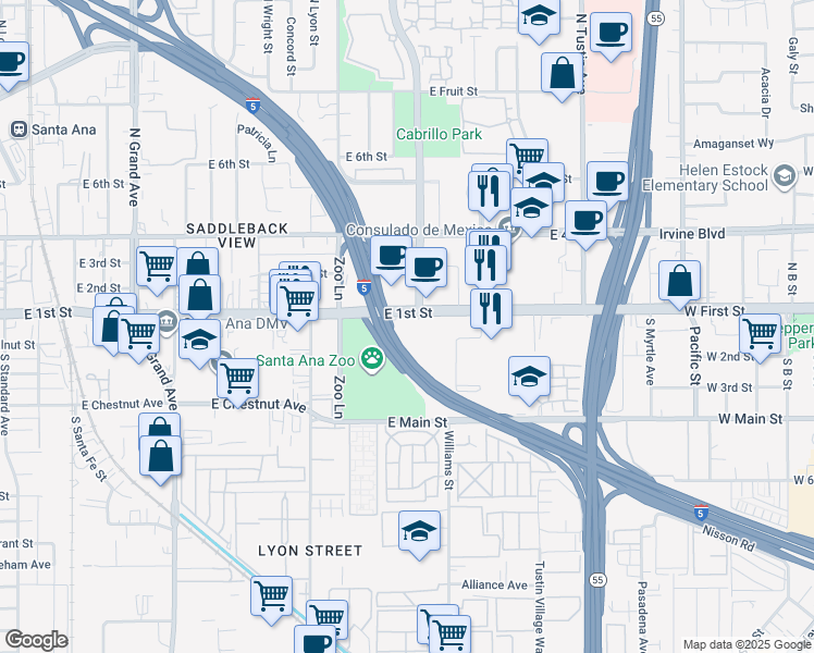 map of restaurants, bars, coffee shops, grocery stores, and more near 1818 East 1st Street in Santa Ana