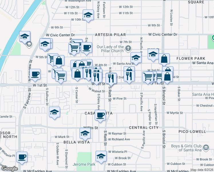 map of restaurants, bars, coffee shops, grocery stores, and more near 1819 West 1st Street in Santa Ana