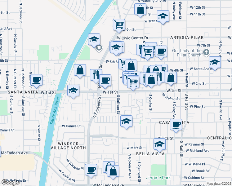 map of restaurants, bars, coffee shops, grocery stores, and more near 2507 West 1st Street in Santa Ana