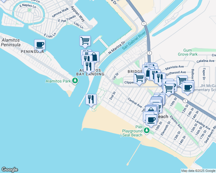 map of restaurants, bars, coffee shops, grocery stores, and more near 100 North Marina Drive in Seal Beach