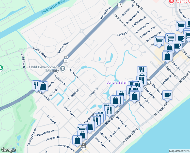 map of restaurants, bars, coffee shops, grocery stores, and more near 6715A Jefferson Place in Myrtle Beach