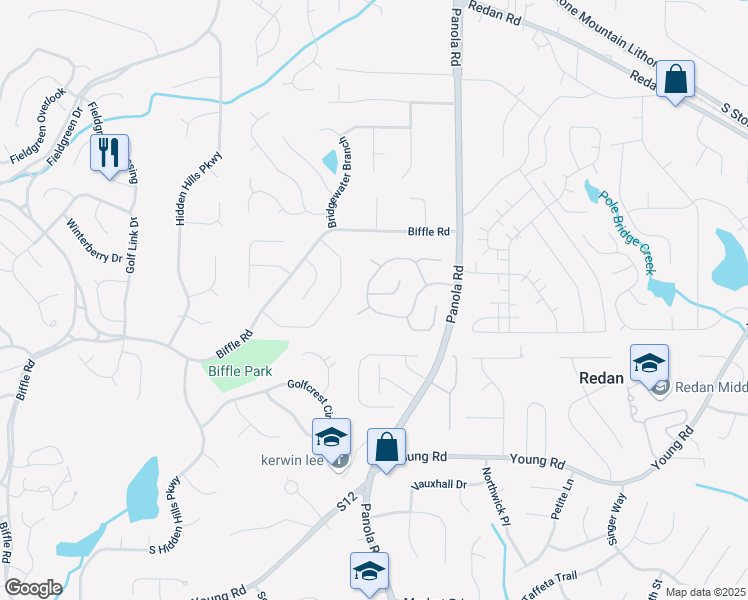 map of restaurants, bars, coffee shops, grocery stores, and more near 5383 Biffle Way in Stone Mountain