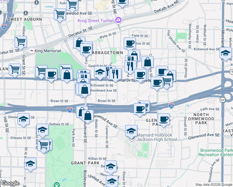 map of restaurants, bars, coffee shops, grocery stores, and more near 700 Woodward Avenue Southeast in Atlanta