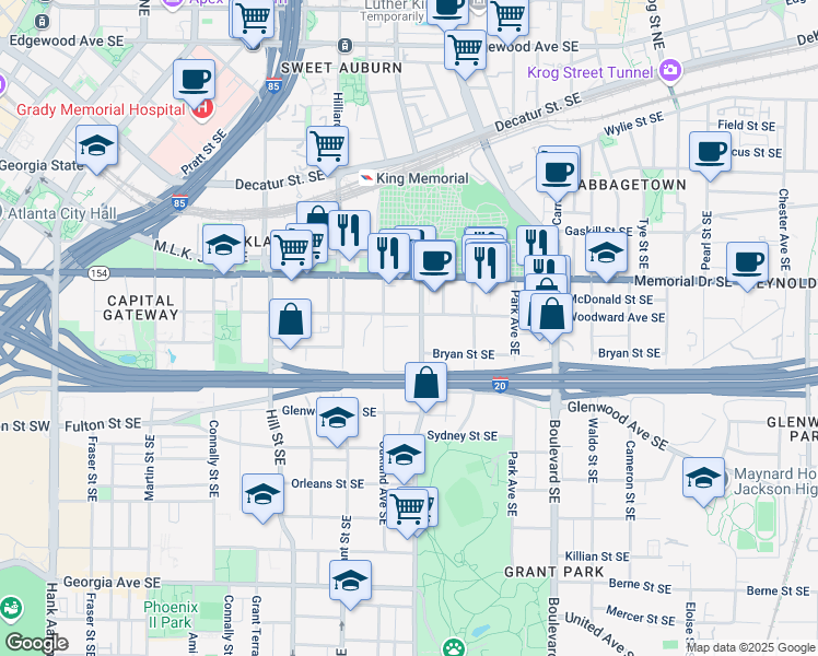 map of restaurants, bars, coffee shops, grocery stores, and more near 351 Cherokee Avenue Southeast in Atlanta