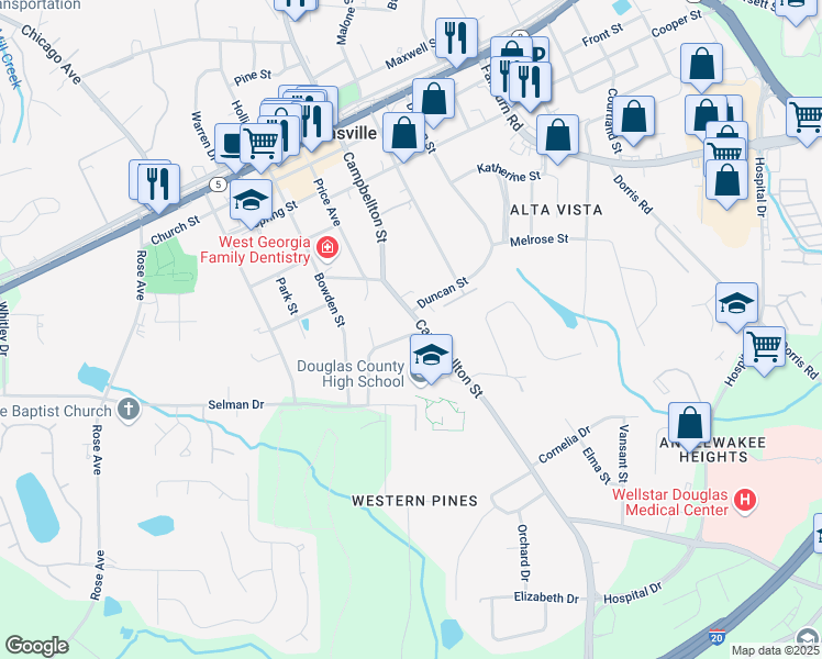 map of restaurants, bars, coffee shops, grocery stores, and more near 8652 Campbellton Street in Douglasville