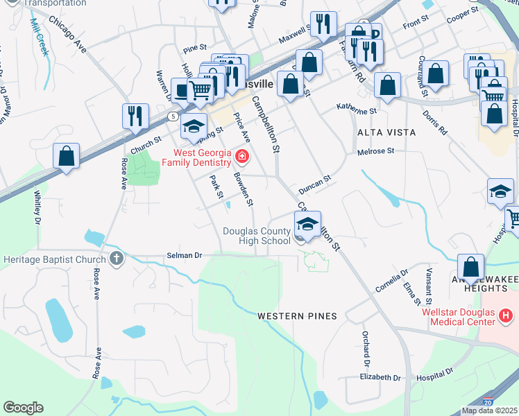 map of restaurants, bars, coffee shops, grocery stores, and more near 8672 Bowden Street in Douglasville