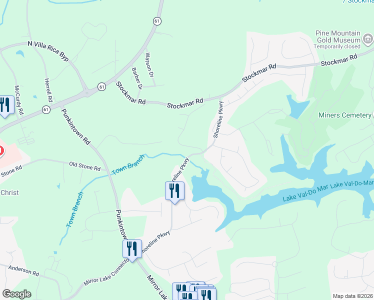 map of restaurants, bars, coffee shops, grocery stores, and more near 9993 Harmon Springs Drive in Villa Rica