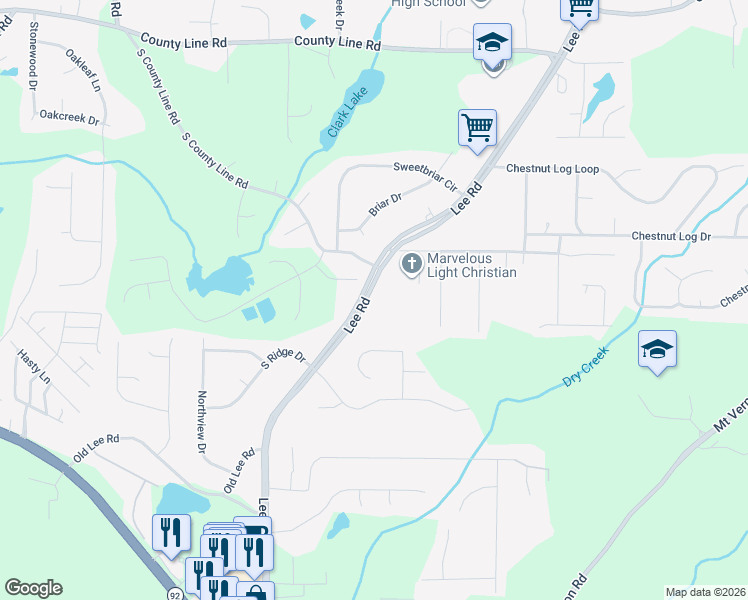 map of restaurants, bars, coffee shops, grocery stores, and more near 2174 Lee Road in Lithia Springs