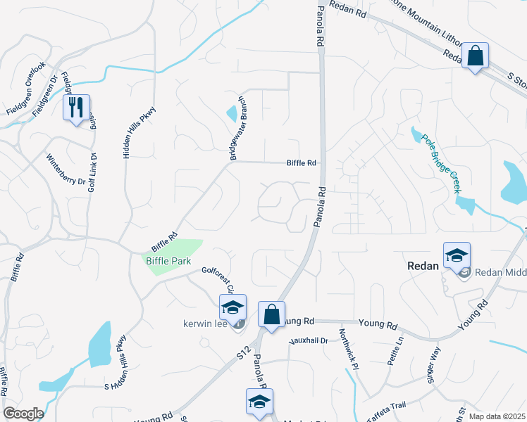 map of restaurants, bars, coffee shops, grocery stores, and more near 5383 Biffle Way in Stone Mountain