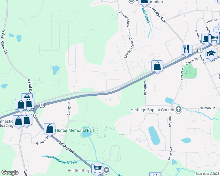 map of restaurants, bars, coffee shops, grocery stores, and more near 7251 West Strickland Street in Douglasville