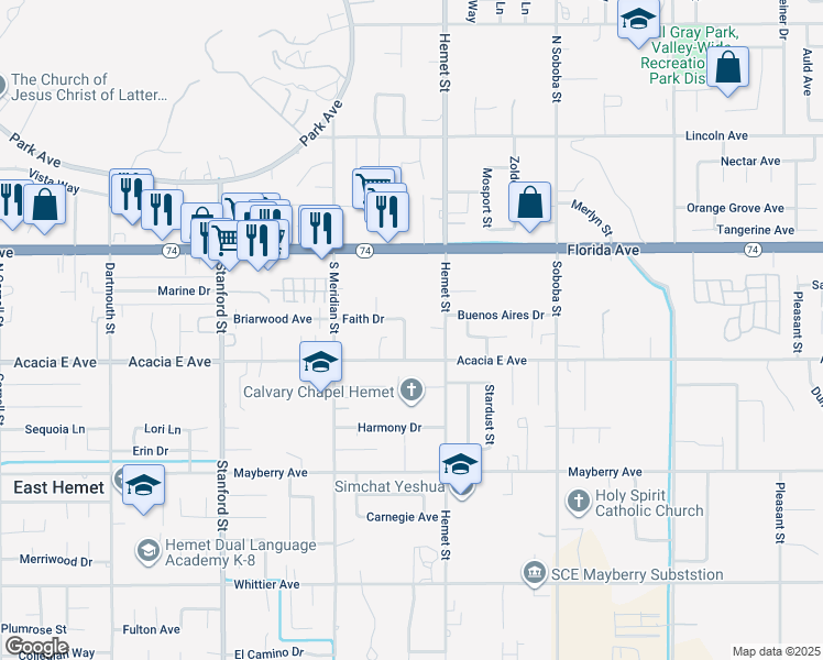 map of restaurants, bars, coffee shops, grocery stores, and more near 25926 Emmanuel Lane in Hemet