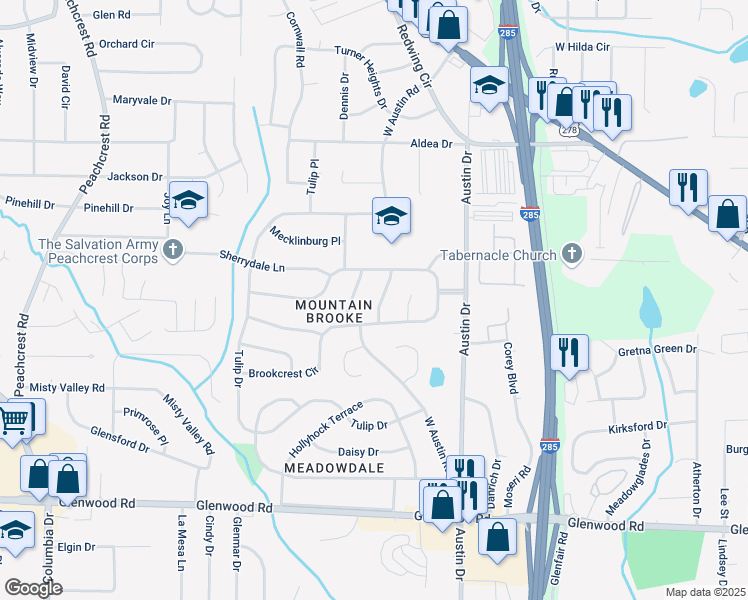 map of restaurants, bars, coffee shops, grocery stores, and more near 1613 West Austin Road in Decatur