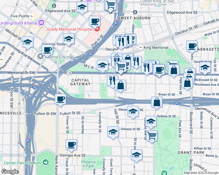 map of restaurants, bars, coffee shops, grocery stores, and more near 341 Hill Street Southeast in Atlanta