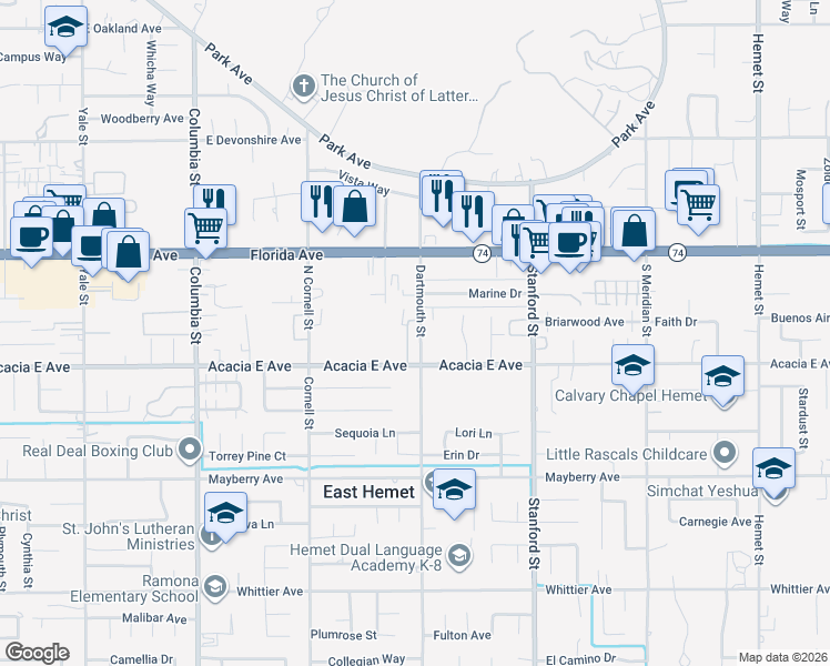 map of restaurants, bars, coffee shops, grocery stores, and more near 25932 Baylor Way in Hemet