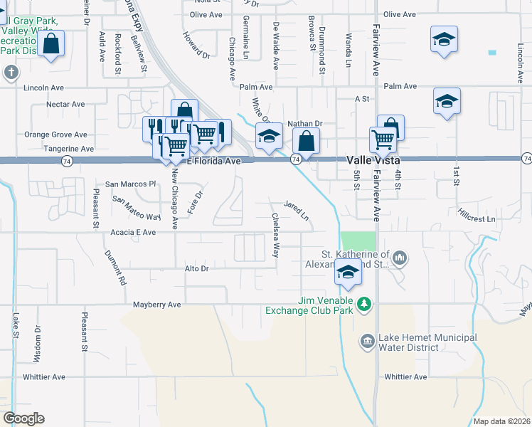 map of restaurants, bars, coffee shops, grocery stores, and more near 43614 Walden Way in Hemet