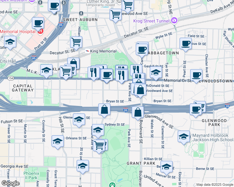map of restaurants, bars, coffee shops, grocery stores, and more near 345 Loomis Avenue Southeast in Atlanta
