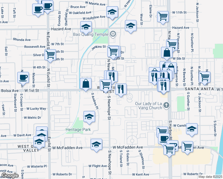 map of restaurants, bars, coffee shops, grocery stores, and more near 4421 West 1st Street in Santa Ana