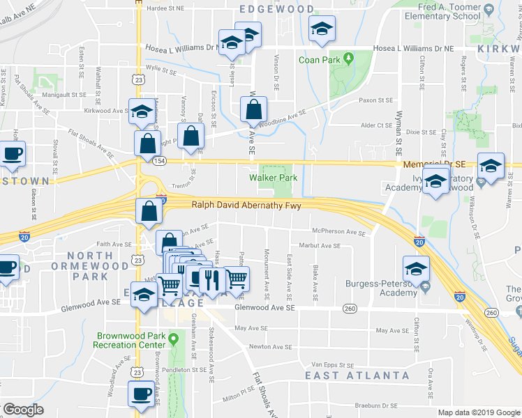 map of restaurants, bars, coffee shops, grocery stores, and more near 308 McPherson Place Southeast in Atlanta