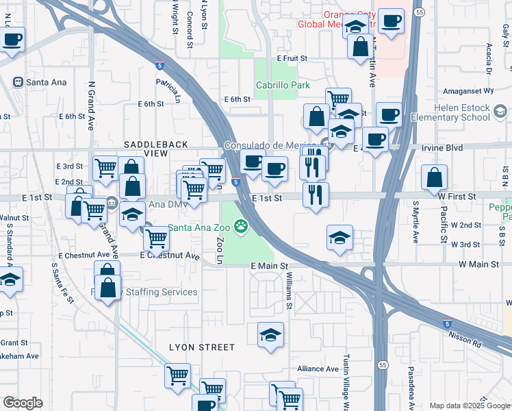 map of restaurants, bars, coffee shops, grocery stores, and more near 1800 East 1st Street in Santa Ana