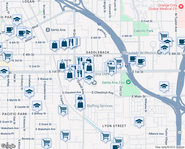 map of restaurants, bars, coffee shops, grocery stores, and more near 1440 East First Street in Santa Ana