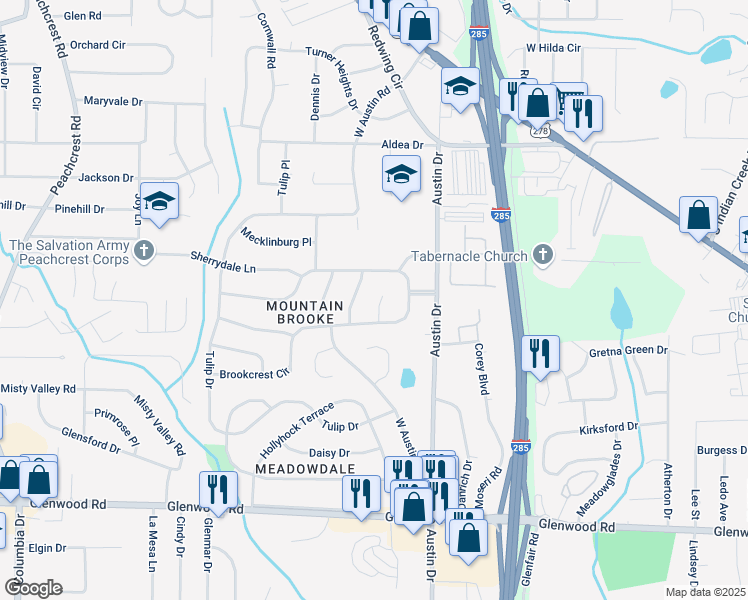 map of restaurants, bars, coffee shops, grocery stores, and more near 1613 Gilston Court in Decatur